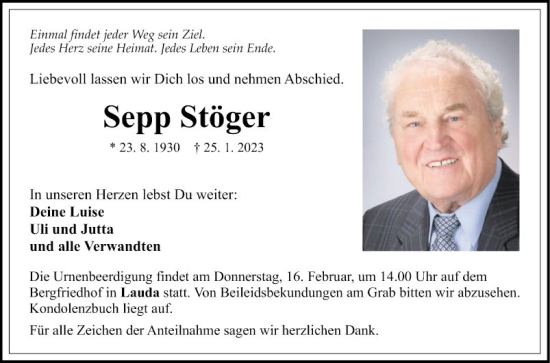 Traueranzeige von Sepp Stöger von Fränkische Nachrichten