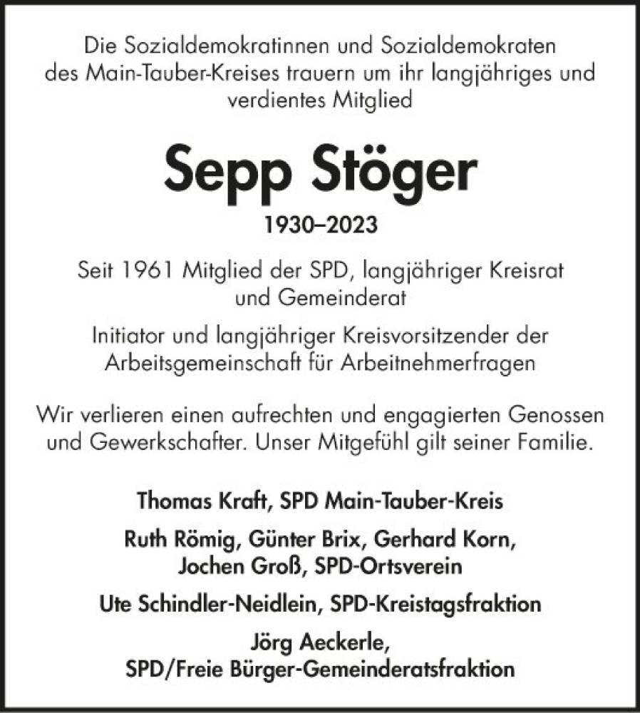  Traueranzeige für Sepp Stöger vom 11.02.2023 aus Fränkische Nachrichten