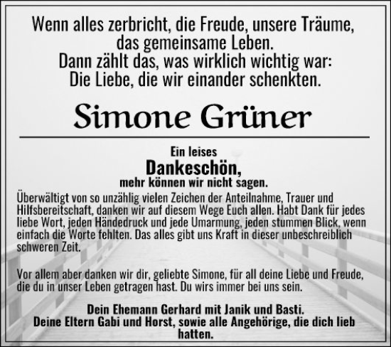 Traueranzeige von Simone Grüner von Fränkische Nachrichten