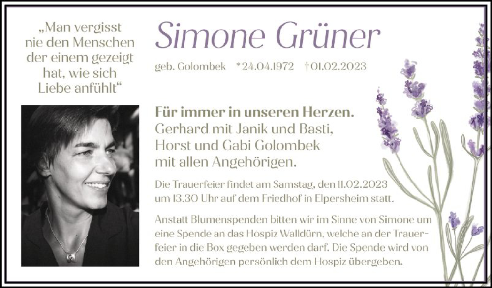  Traueranzeige für Simone Grüner vom 08.02.2023 aus Fränkische Nachrichten