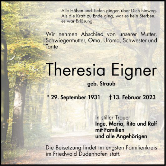Traueranzeige von Theresia Eigner von Schwetzinger Zeitung