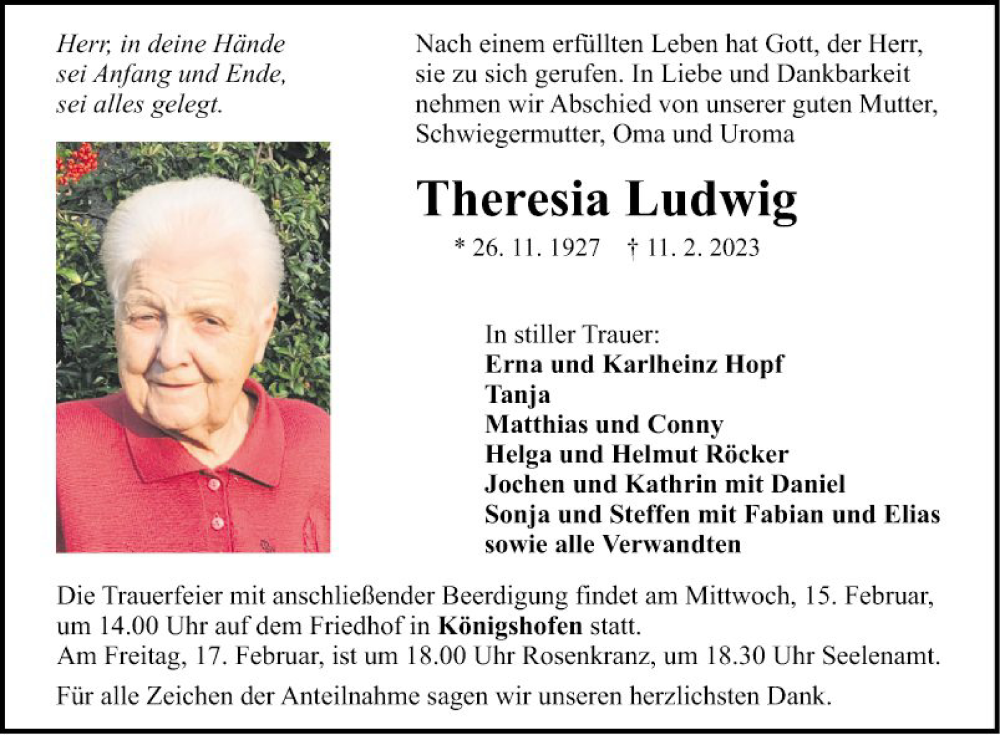  Traueranzeige für Theresia Ludwig vom 14.02.2023 aus Fränkische Nachrichten