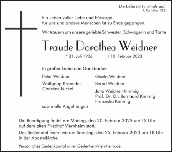 Traueranzeige von Traude Dorothea Weidner von Mannheimer Morgen