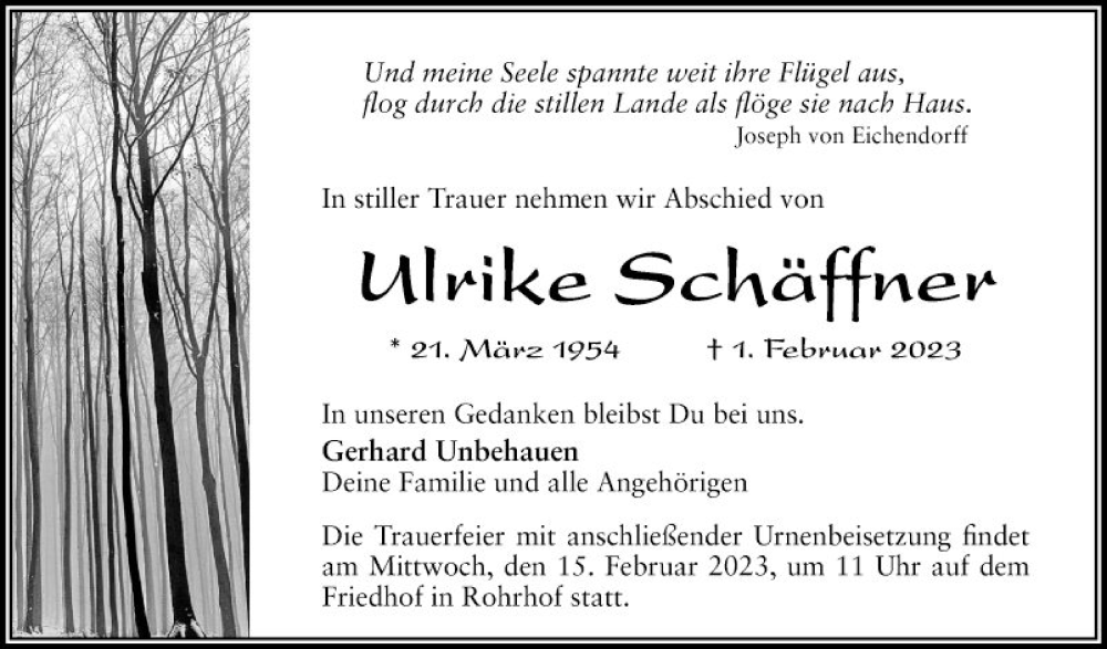  Traueranzeige für Ulrike Schäffner vom 11.02.2023 aus Schwetzinger Zeitung