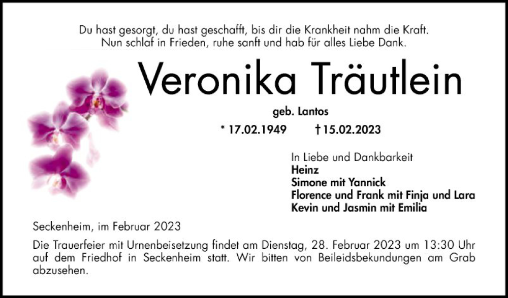  Traueranzeige für Veronika Träutlein vom 18.02.2023 aus Mannheimer Morgen