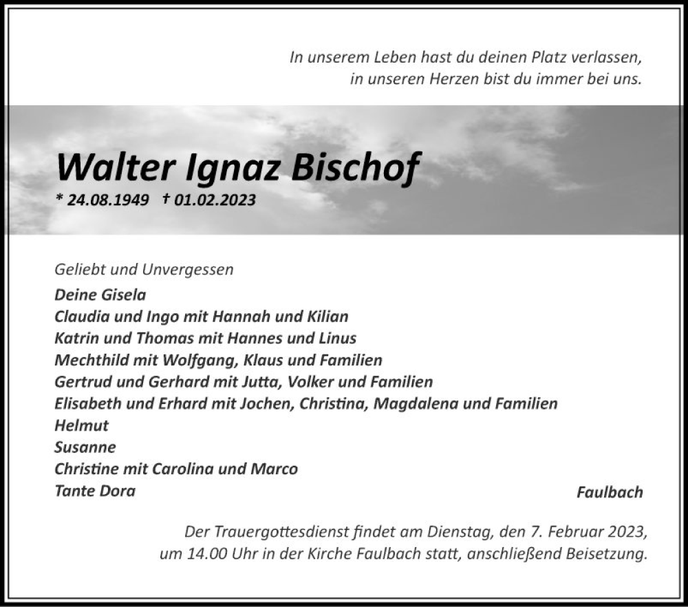  Traueranzeige für Walter Ignaz Bischof vom 04.02.2023 aus Fränkische Nachrichten