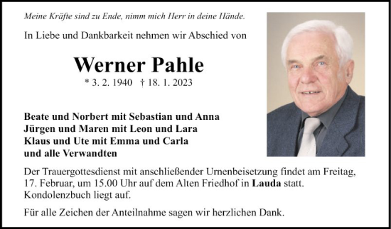 Traueranzeige von Werner Pahle von Fränkische Nachrichten
