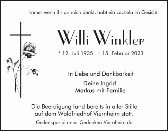 Traueranzeige von Willi Winkler von Mannheimer Morgen