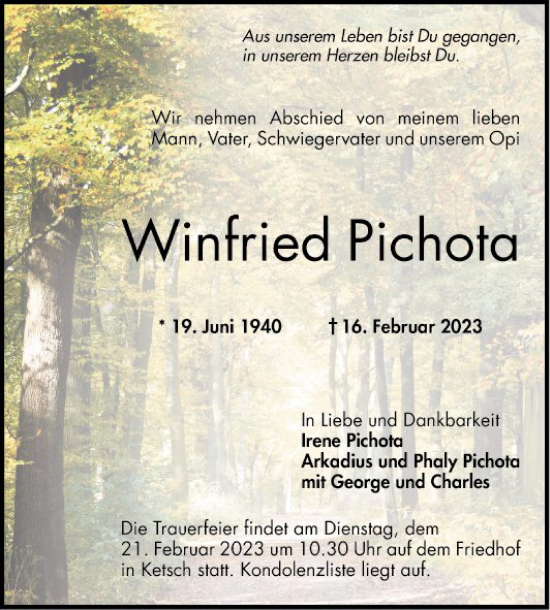 Traueranzeige von Winfried Pichota von Schwetzinger Zeitung