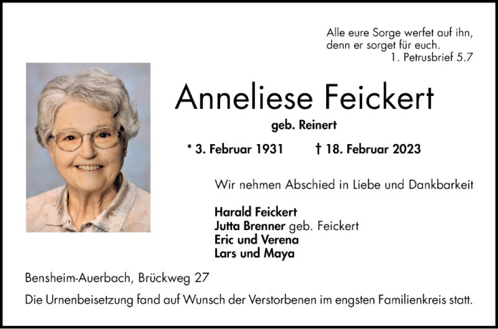  Traueranzeige für Anneliese Feickert vom 04.03.2023 aus Bergsträßer Anzeiger