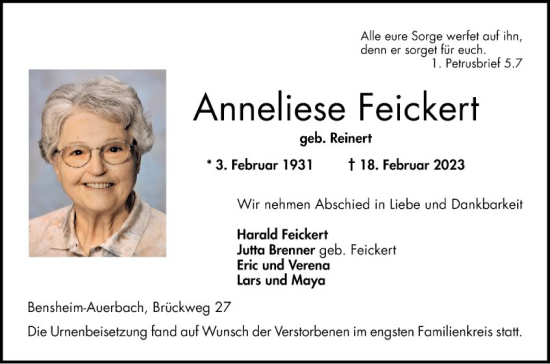 Traueranzeige von Anneliese Feickert von Bergsträßer Anzeiger