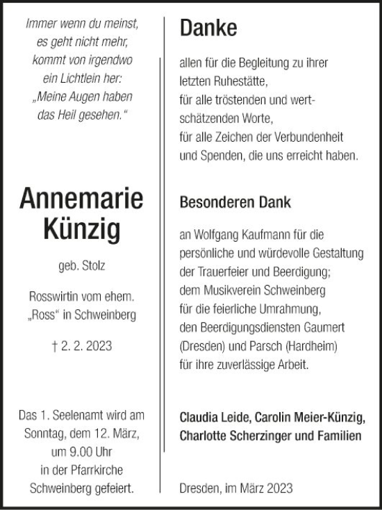 Traueranzeige von Annemarie Künzig von Fränkische Nachrichten