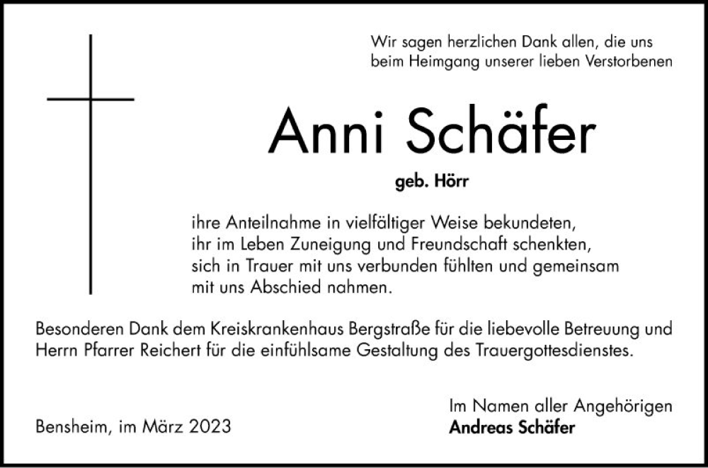  Traueranzeige für Anni Schäfer vom 04.03.2023 aus Bergsträßer Anzeiger