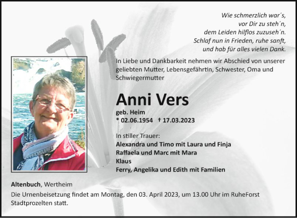  Traueranzeige für Anni Vers vom 25.03.2023 aus Fränkische Nachrichten