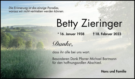 Traueranzeige von Betty Zieringer von Bergsträßer Anzeiger