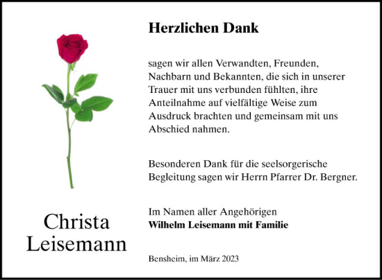 Traueranzeige von Christa Leisemann von Bergsträßer Anzeiger