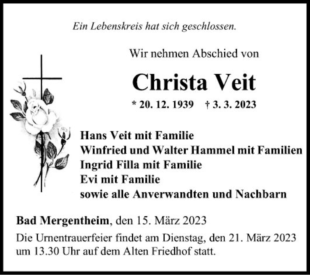  Traueranzeige für Christa Veit vom 15.03.2023 aus Fränkische Nachrichten