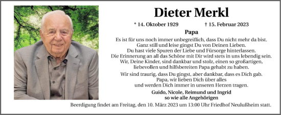 Traueranzeige von Dieter Merkl von Schwetzinger Zeitung