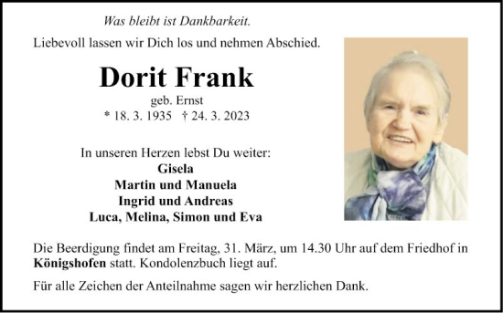 Traueranzeige von Dora Frank von Fränkische Nachrichten
