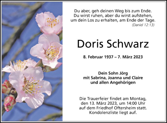 Traueranzeige von Doris Schwarz von Schwetzinger Zeitung