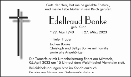 Traueranzeige von Edeltraud Bonke von Mannheimer Morgen