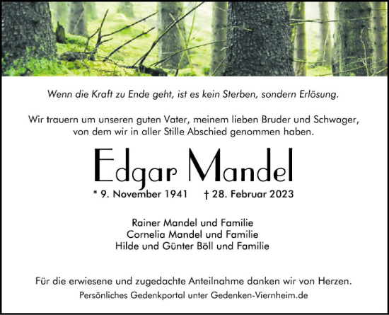 Traueranzeige von Edgar Mandel von Mannheimer Morgen