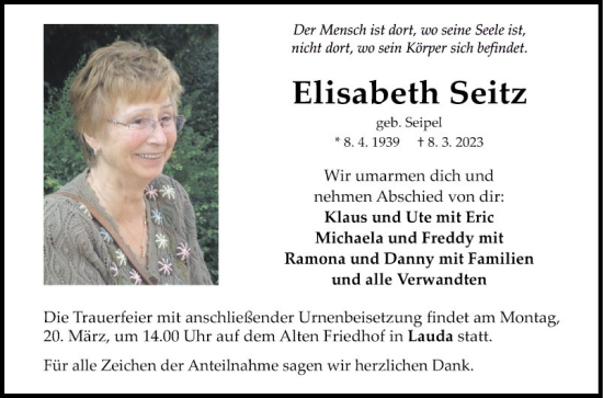 Traueranzeige von Elisabeth Seitz von Fränkische Nachrichten