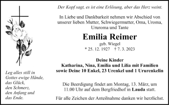 Traueranzeige von Emilia Reimer von Fränkische Nachrichten