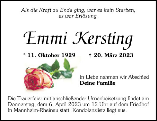 Traueranzeige von Emmi Kersting von Mannheimer Morgen