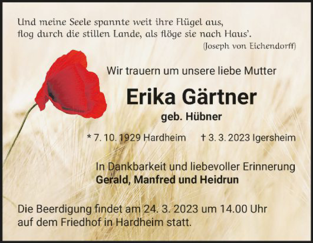  Traueranzeige für Erika Gärtner vom 18.03.2023 aus Fränkische Nachrichten