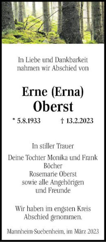 Traueranzeige von Erne Oberst von Mannheimer Morgen