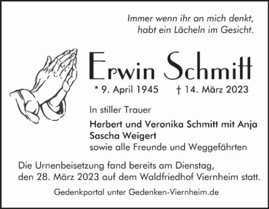 Traueranzeige von Erwin Schmitt von Mannheimer Morgen