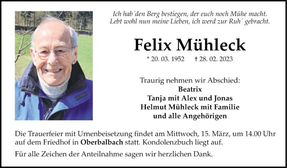  Traueranzeige für Felix Mühleck vom 10.03.2023 aus Fränkische Nachrichten
