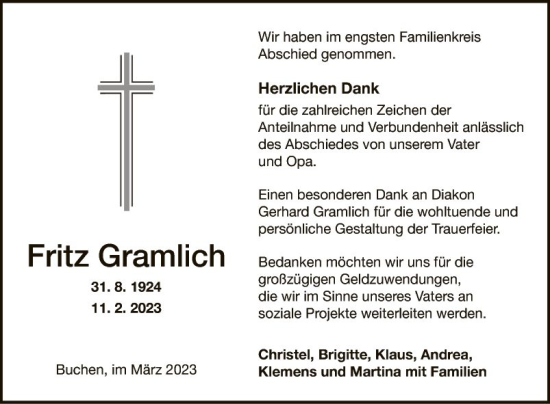 Traueranzeige von Fritz Gramlich von Fränkische Nachrichten