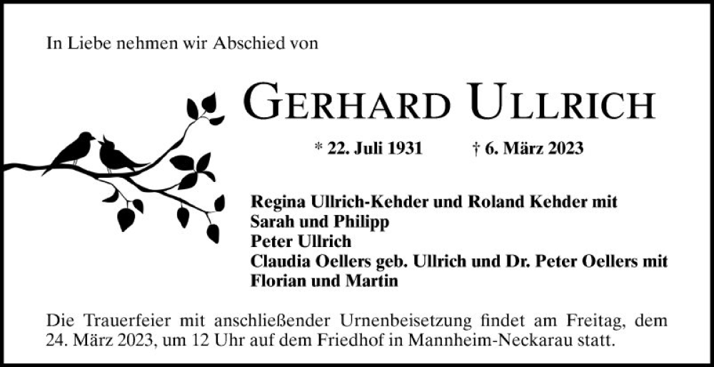  Traueranzeige für Gerhard Ullrich vom 18.03.2023 aus Mannheimer Morgen