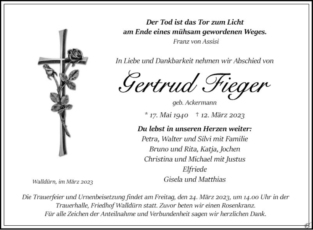  Traueranzeige für Gertrud Fieger vom 18.03.2023 aus Fränkische Nachrichten