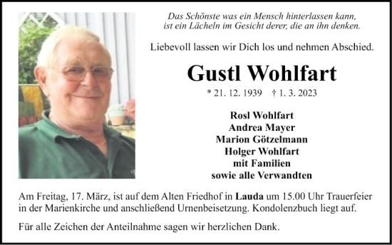 Traueranzeige von Gustl Wohlfart von Fränkische Nachrichten