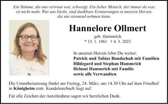 Traueranzeige von Hannelore Ollmert von Fränkische Nachrichten
