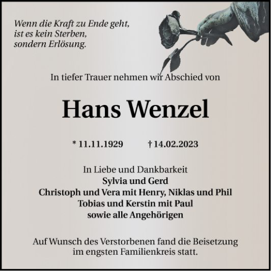 Traueranzeige von Hans Wenzel von Mannheimer Morgen