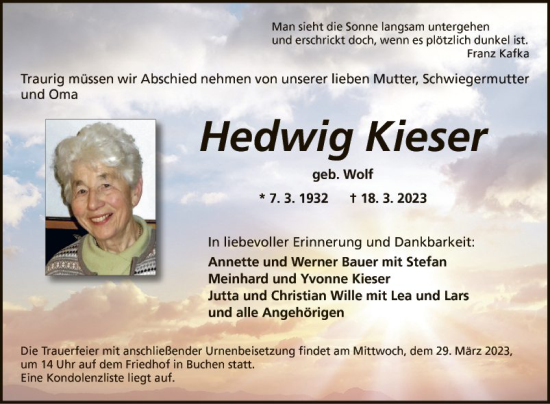 Traueranzeige von Hedwig Kieser von Fränkische Nachrichten