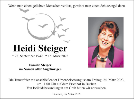 Traueranzeige von Heidi Steiger von Fränkische Nachrichten