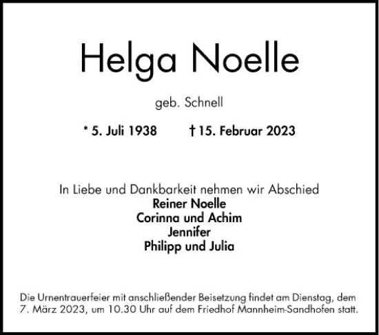 Traueranzeige von Helga Noelle von Mannheimer Morgen