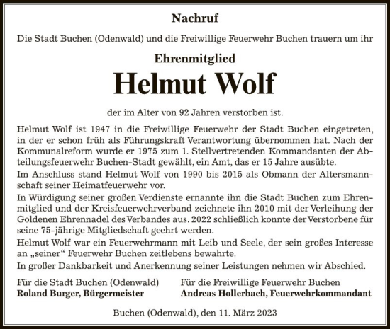 Traueranzeige von Helmut Wolf von Fränkische Nachrichten