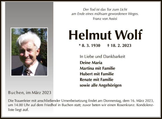 Traueranzeige von Helmut Wolf von Fränkische Nachrichten