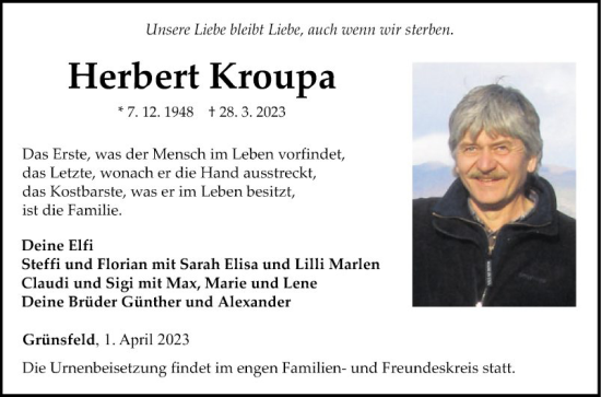 Traueranzeige von Herbert Kroupa von Fränkische Nachrichten