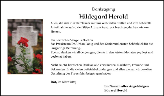 Traueranzeige von Hildegard Herold von Fränkische Nachrichten