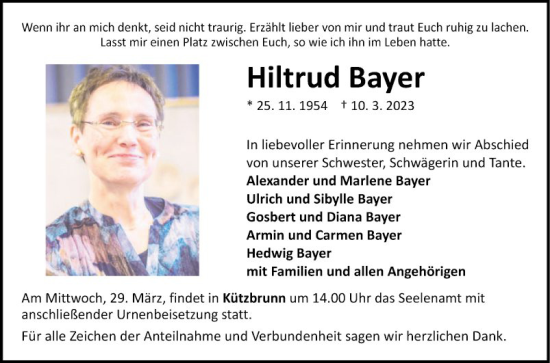Traueranzeige von Hiltrud Bayer von Fränkische Nachrichten