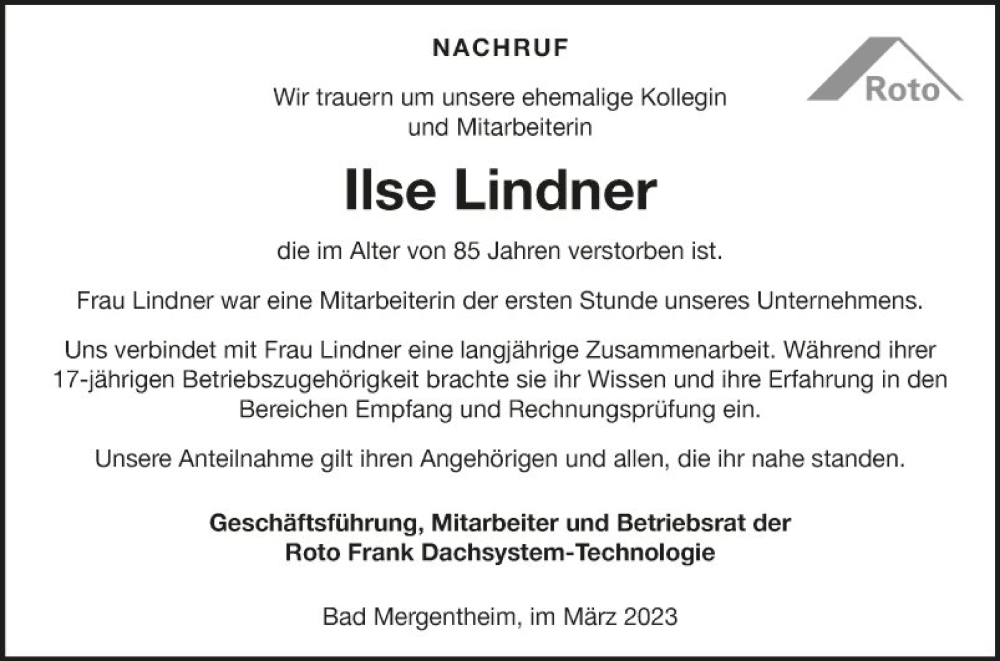  Traueranzeige für Ilse Lindner vom 10.03.2023 aus Fränkische Nachrichten