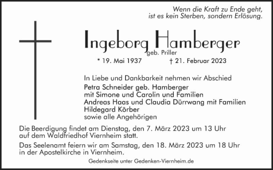 Traueranzeige von Ingeborg Hamberger von Mannheimer Morgen