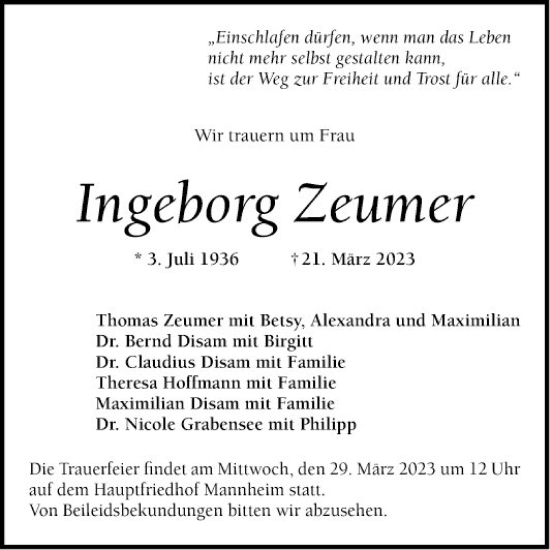 Traueranzeige von Ingeborg Zeumer von Mannheimer Morgen